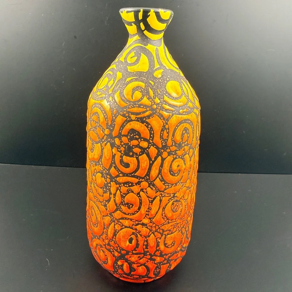 Alvino Bagni for Raymor Sgraffito Italian Pottery Vase Orange Yellow Mid Century
